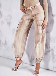 SHEIN BAE Flap Pocket Cargo Trousers - Khaki - View 3