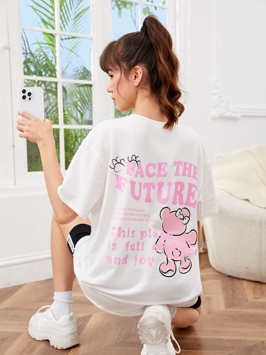 SHEIN Tops con gái Hoạt hình Slogan Giải trí - trắng - Xem 1