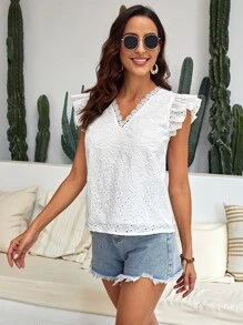 SHEIN VCAY 網眼刺繡荷葉邊蕾絲邊襯衫 - 白色 - 查看 5