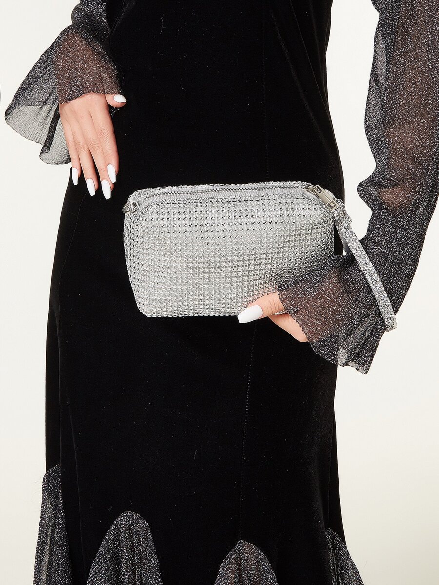 Vincy Glitter Handbag Mini Rhinestone Decor Square Bag - Silver - View 1