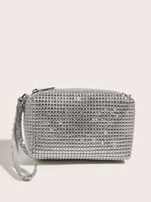 Vincy Glitter Handbag Mini Rhinestone Decor Square Bag - Silver - View 2