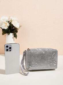 Vincy Glitter Handbag Mini Rhinestone Decor Square Bag - Silver - View 4