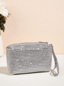Vincy Glitter Handbag Mini Rhinestone Decor Square Bag - Silver - View 5