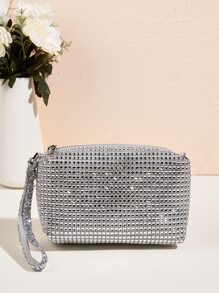 Vincy Glitter Handbag Mini Rhinestone Decor Square Bag - Silver - View 6