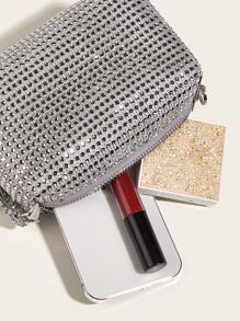 Vincy Glitter Handbag Mini Rhinestone Decor Square Bag - Silver - View 8