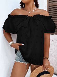 SHEIN Holidaya 大碼圓點一字肩前打結褶邊襯衫 - 黑色 - 查看 1