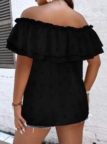 SHEIN Holidaya 大碼圓點一字肩前打結褶邊襯衫 - 黑色 - 查看 2