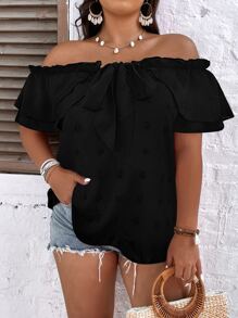 SHEIN Holidaya 大碼圓點一字肩前打結褶邊襯衫 - 黑色 - 查看 3