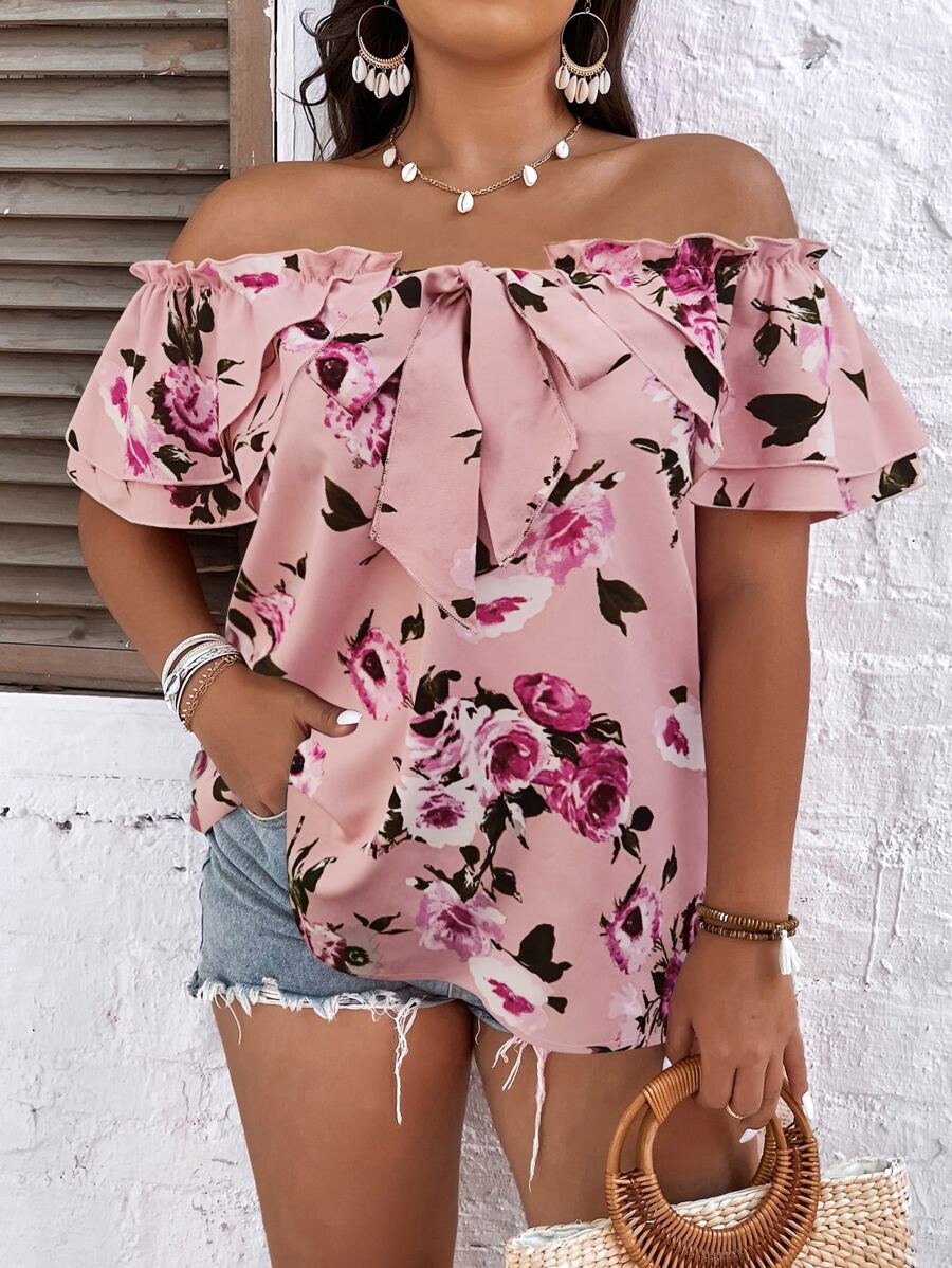Breezaya Plus Size Boho Floral Print Off Shoulder Knot Front Blouse, For Summer - Multicolor - View 1