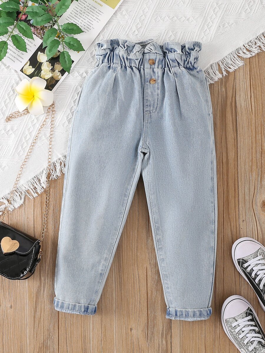 SHEIN Vintaside Kids 年轻女孩休闲波西米亚风假日平底腰带口袋妈妈牛仔裤，日常款 - 淺色水洗藍 - 查看 1