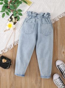SHEIN Vintaside Kids 年轻女孩休闲波西米亚风假日平底腰带口袋妈妈牛仔裤，日常款 - 淺色水洗藍 - 查看 2