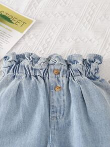 SHEIN Vintaside Kids 年轻女孩休闲波西米亚风假日平底腰带口袋妈妈牛仔裤，日常款 - 淺色水洗藍 - 查看 3