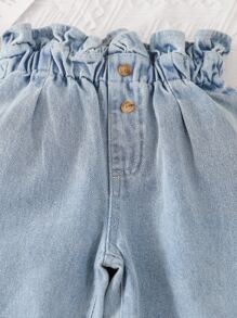 SHEIN Vintaside Kids 年轻女孩休闲波西米亚风假日平底腰带口袋妈妈牛仔裤，日常款 - 淺色水洗藍 - 查看 5