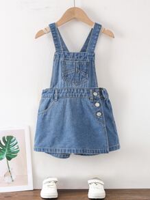 Toddler Girls Pocket Patched Denim Overall Romper - Medium Wash - View 1