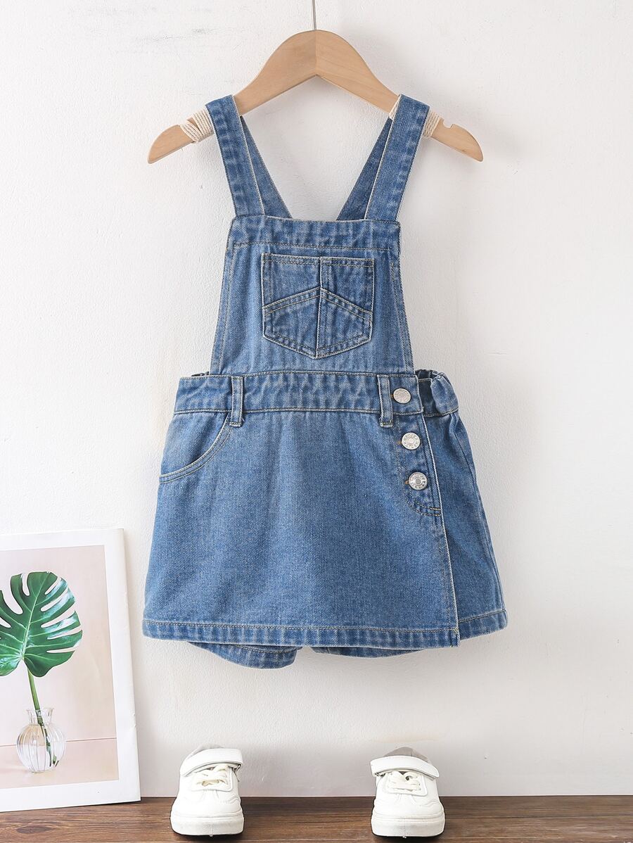 Toddler Girls Pocket Patched Denim Overall Romper - Medium Wash - View 1
