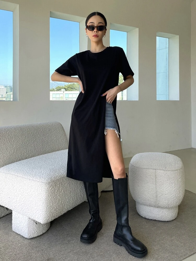 Solid Split Thigh Longline Tee