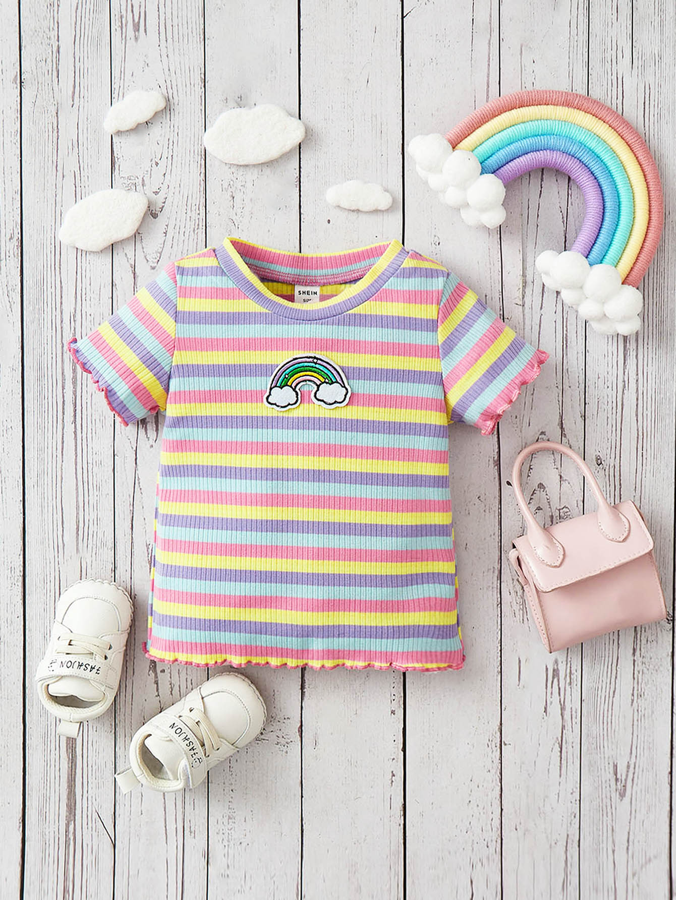 Baby Striped Rainbow Patched Lettuce Trim Tee - Multicolor - View 1