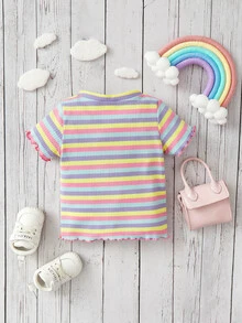 Baby Striped Rainbow Patched Lettuce Trim Tee - Multicolor - View 2