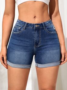 SHEIN EZwear Roll Up Hem Denim Shorts - Dark Wash - View 1