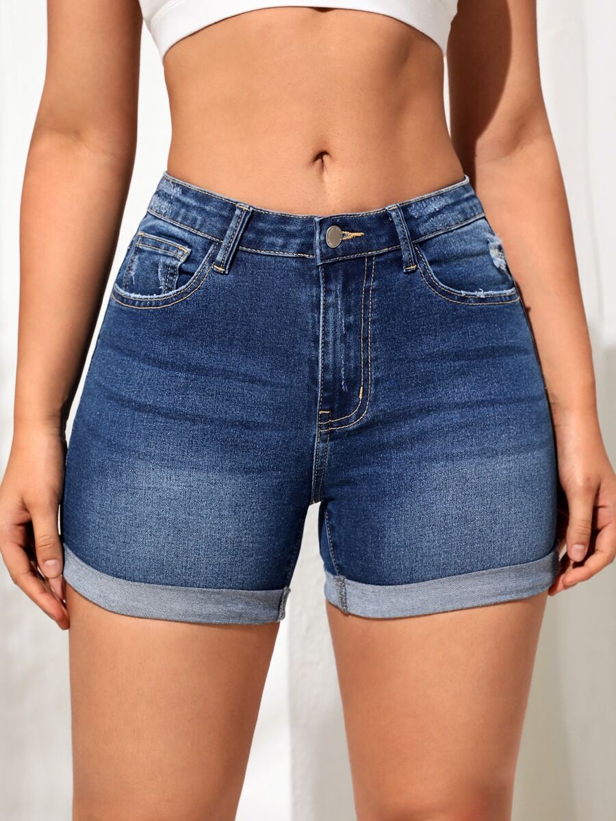 SHEIN EZwear Roll Up Hem Denim Shorts - Dark Wash - View 1