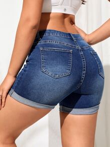 SHEIN EZwear Roll Up Hem Denim Shorts - Dark Wash - View 2