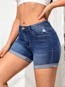 SHEIN EZwear Roll Up Hem Denim Shorts - Dark Wash - View 4
