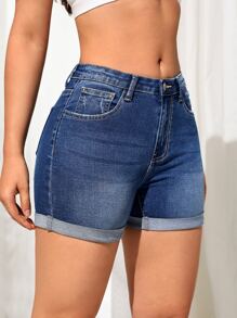 SHEIN EZwear Roll Up Hem Denim Shorts - Dark Wash - View 3