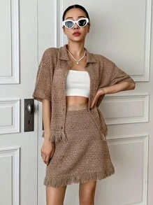 DAZY Drop Shoulder Fringe Trim Tee & Skirt - Khaki - View 1