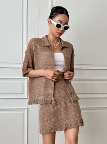 DAZY Drop Shoulder Fringe Trim Tee & Skirt - Khaki - View 2