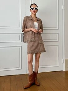 DAZY Drop Shoulder Fringe Trim Tee & Skirt - Khaki - View 3