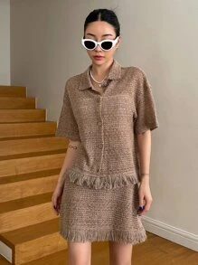 DAZY Drop Shoulder Fringe Trim Tee & Skirt - Khaki - View 4