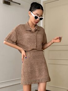 DAZY Drop Shoulder Fringe Trim Tee & Skirt - Khaki - View 5