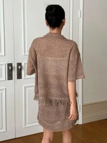 DAZY Drop Shoulder Fringe Trim Tee & Skirt - Khaki - View 6