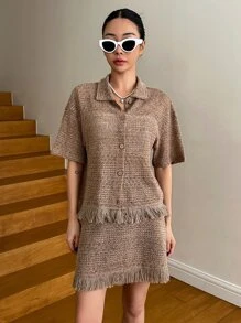 DAZY Drop Shoulder Fringe Trim Tee & Skirt - Khaki - View 8