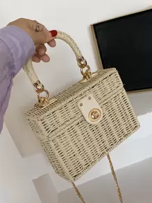 Mini Chain Flap Straw Bag, Perfectly Matching With Vacation Outfits Women - Beige - View 2