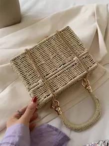 Mini Chain Flap Straw Bag, Perfectly Matching With Vacation Outfits Women - Beige - View 3