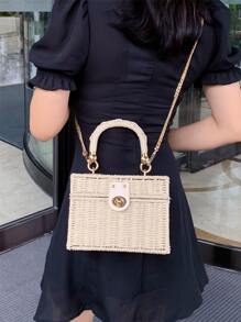 Mini Chain Flap Straw Bag, Perfectly Matching With Vacation Outfits Women - Beige - View 4