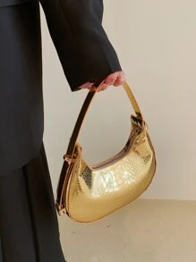 金屬質感鱷魚壓紋流浪包 - 金色 - 查看 2