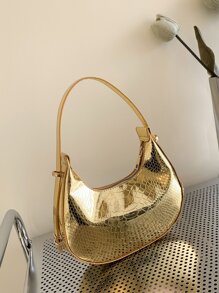 金屬質感鱷魚壓紋流浪包 - 金色 - 查看 3