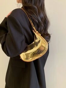 金屬質感鱷魚壓紋流浪包 - 金色 - 查看 4