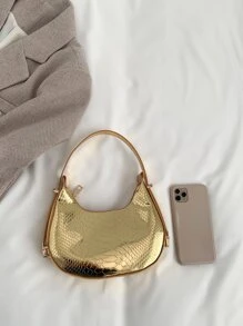 金屬質感鱷魚壓紋流浪包 - 金色 - 查看 5