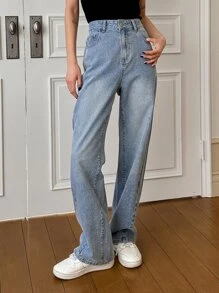 FRIFUL Jeans De Mezclilla De Pierna Recta Lavados - Azul lavado medio - Ver 1