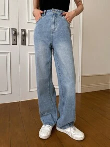 FRIFUL Jeans De Mezclilla De Pierna Recta Lavados - Azul lavado medio - Ver 2