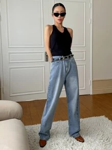 FRIFUL Jeans De Mezclilla De Pierna Recta Lavados - Azul lavado medio - Ver 3