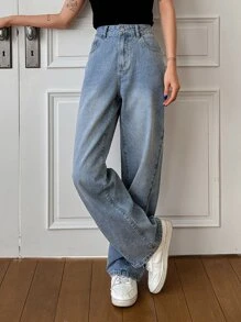 FRIFUL Jeans De Mezclilla De Pierna Recta Lavados - Azul lavado medio - Ver 5