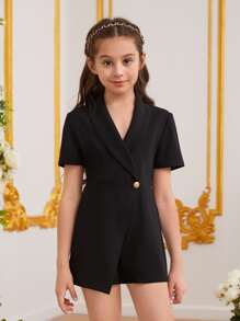 SHEIN 女孩青果領圍裹下擺連身短褲 - 黑色 - 查看 1