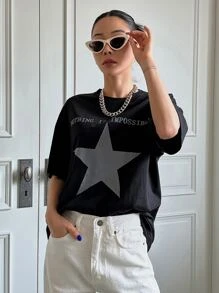 DAZY Star & Slogan Graphic Drop Shoulder Tee NOTHING IS IMPOSSIBLE Y2k Oversized T-Shirt - Black - View 1