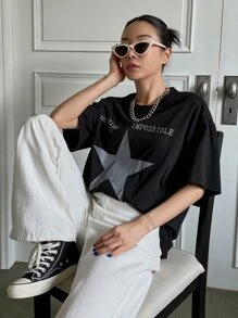 DAZY Star & Slogan Graphic Drop Shoulder Tee NOTHING IS IMPOSSIBLE Y2k Oversized T-Shirt - Black - View 3