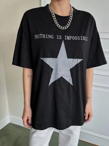 DAZY Star & Slogan Graphic Drop Shoulder Tee NOTHING IS IMPOSSIBLE Y2k Oversized T-Shirt - Black - View 6
