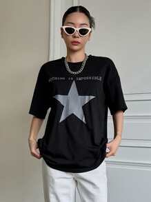 DAZY Star & Slogan Graphic Drop Shoulder Tee NOTHING IS IMPOSSIBLE Y2k Oversized T-Shirt - Black - View 7